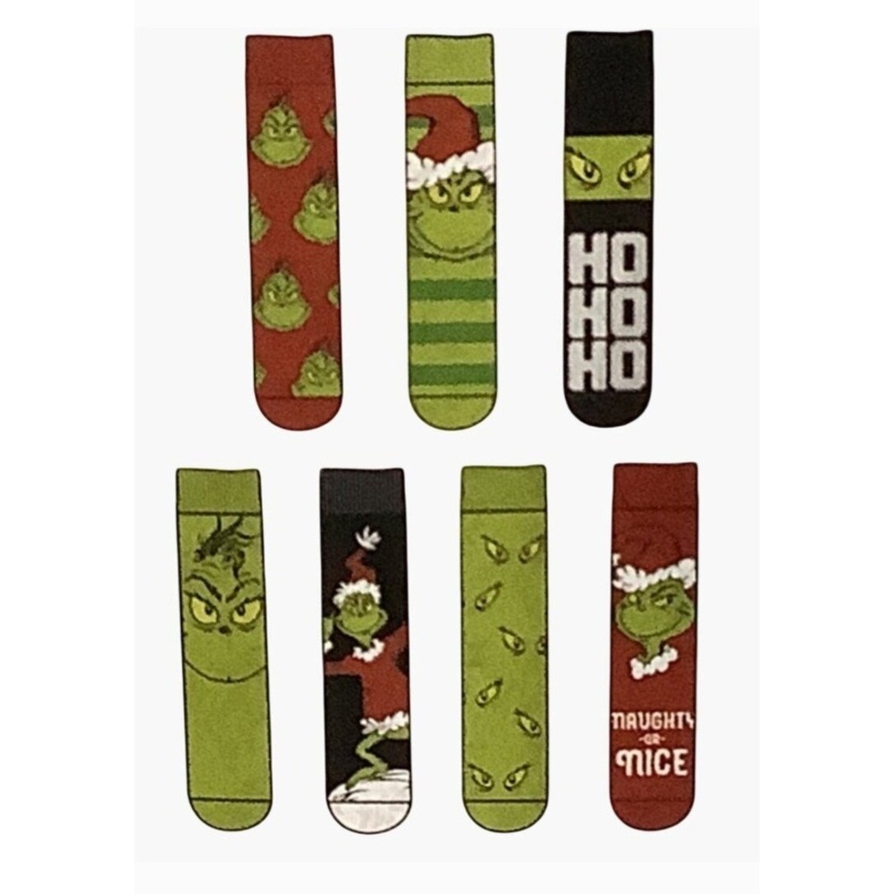 7 Pair Dr Seuss Grinch Fluffy Cozy Socks Size 6-12  Gift Set NWT